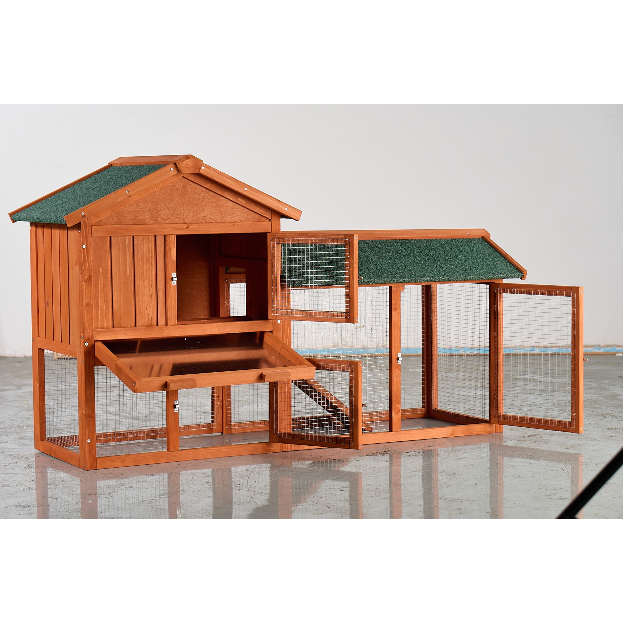 Jopath Large Wooden Rabbit Hutch, 2-Story Outdoor Bunny Cage with Waterproof Asphalt Roof, Pull-Out Tray and Ramp,Fir Wood Pet House for Rabbits,Chickens,Guinea Pigs (Brown & Green)