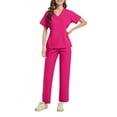 thumbnail image 2 of Minjewel Women's V-Neck Back Tie Short Sleeve Scrubs for Women Set with Pockets, Adjustable & Comfortable Scrub Set for Medical Staff,Hot Pink XL, 2 of 6