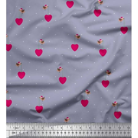 Soimoi Cotton Poplin Fabric Dot Heart & Bird Clip Art Print Sewing Fabric Yard 56 Inch Wide