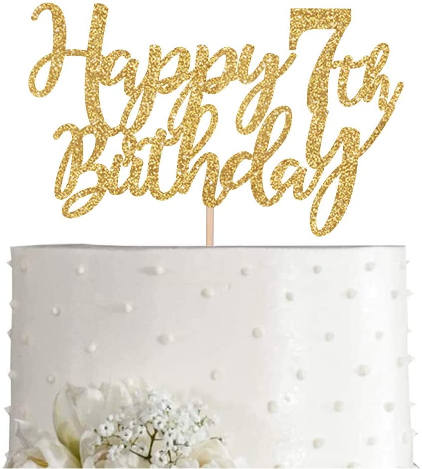 Gold Glitter Happy 7th birthday cake topper, Gold 7 years old birthday