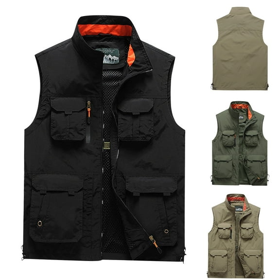 safuny Golf Jacket Multi Pockets Zipper Outerwear Vests Fall Sleeveless Stand Collar Lightweight Photo Cargo Vest Hiking Fishing Travel Vest for Men Workout Green L