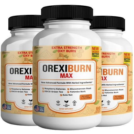 Orexiburn Max Extra Strength Weight Management Supplement, 60 Capsules, with Raspberry Ketones, Green Tea, L-Carnitine, 3-Pack