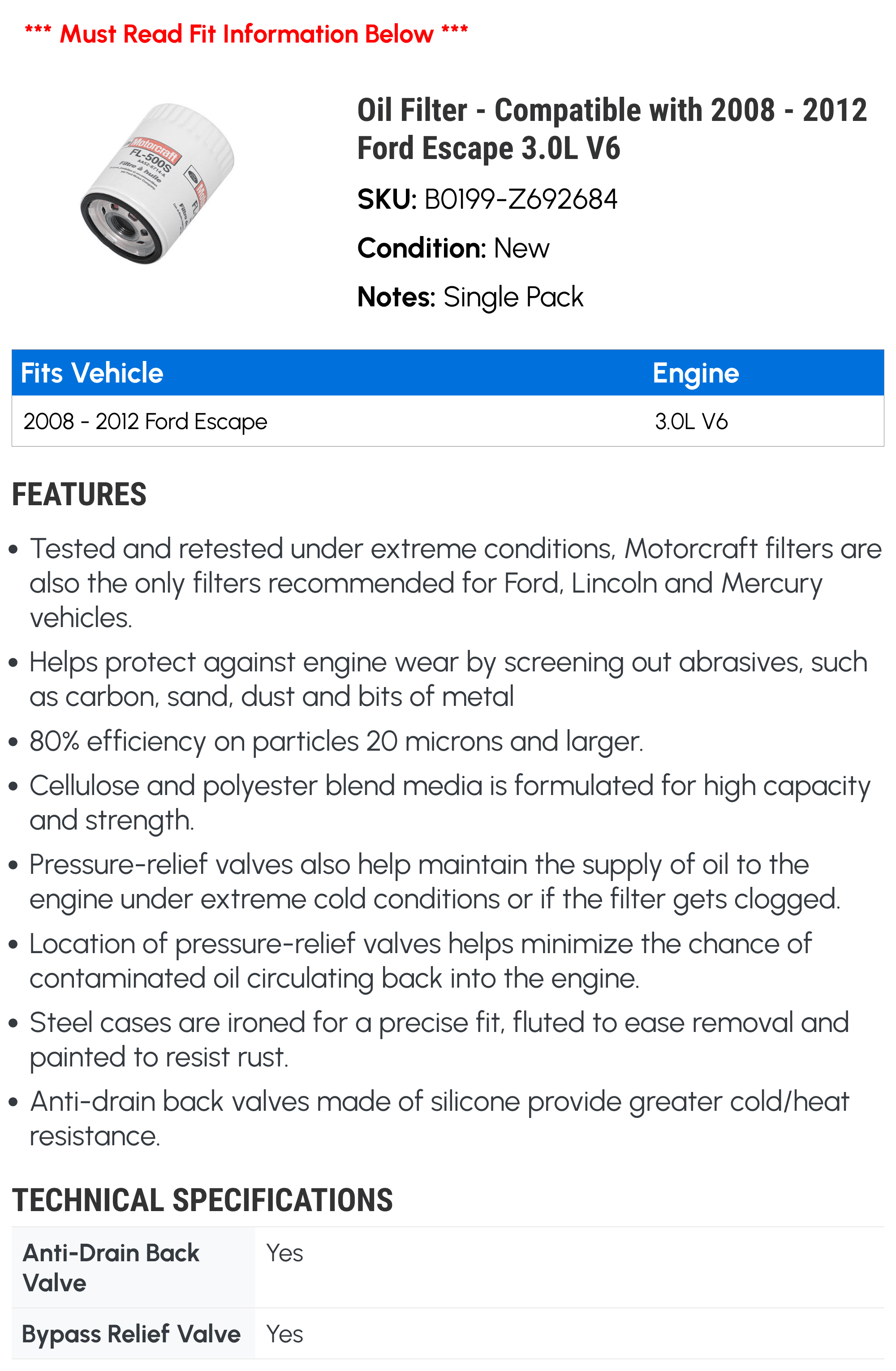 Motorcraft Oil Filter fits 2008 - 2012 Ford Escape 3.0L V6