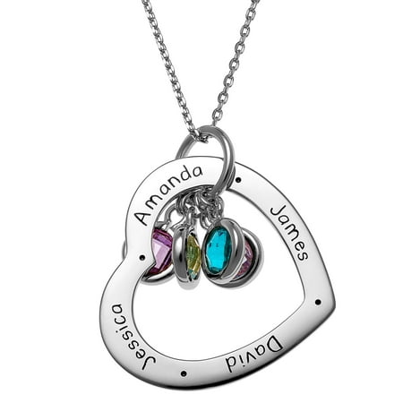 Personalized Women's Sterling Silver or Gold over Sterling Engraved Family Names Heart with Birthstones Necklace