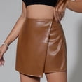 thumbnail image 4 of FRSASU Womens Fuax Leather Skirt Pleated Irregular High Waisted Side Zipper Bodycon Pencil Mini Divided skirts Khaki, 4 of 8