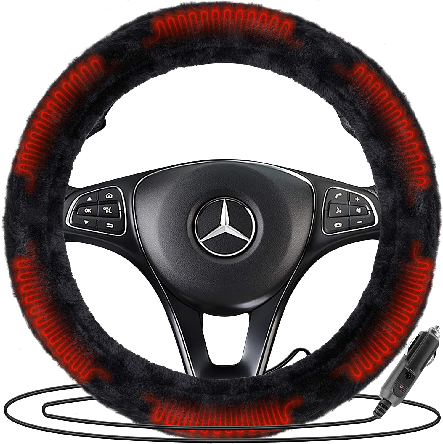 Premium Quality Universal Fit Comfortable Feeling Heated Steering Wheel Cover,12V Car Plug Elegant Design Auto Steering Wheel Black Protector Cover with Heater 