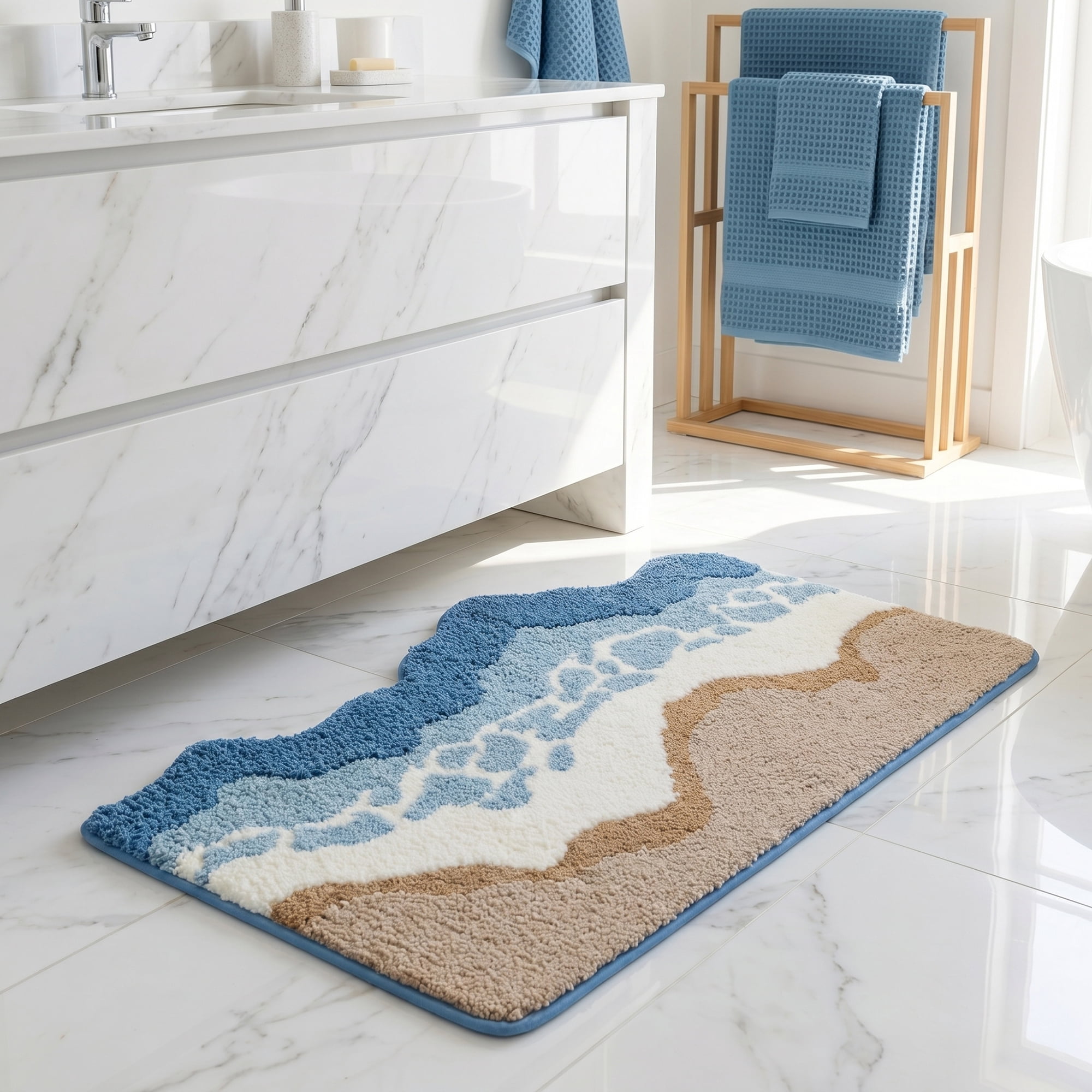 Unique Bargains Printed Microfiber Soft Plush Non Slip Bathroom Rug Blue 32" x 20"