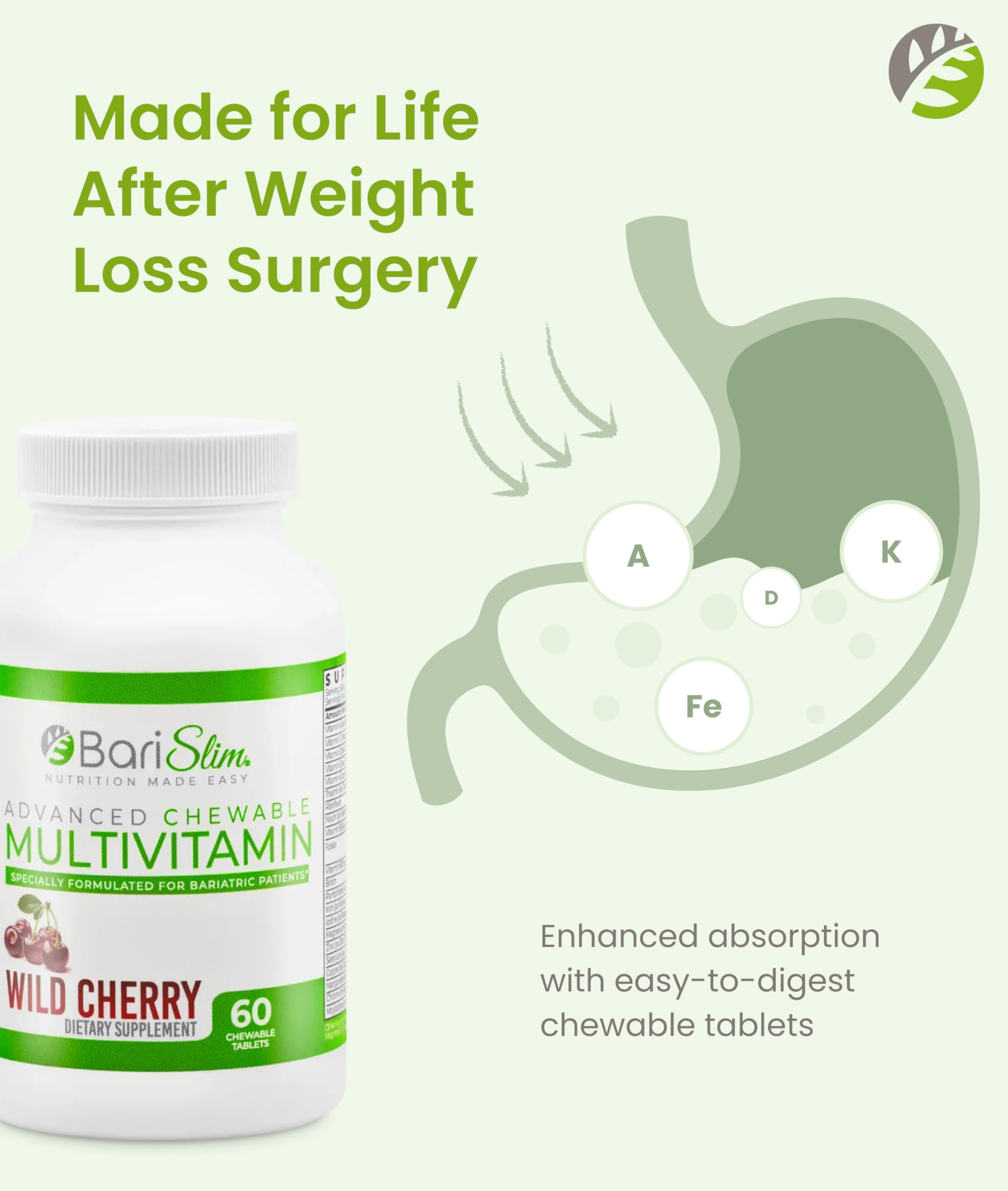 BariSlim Chewable Multivitamin Tablets with Iron, Energy, Immune & Nutrient Deficiency Support,  Wild Cherry, 60 Count, Adult