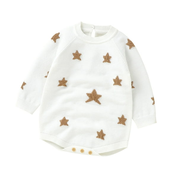 PMVFHDE Clearance Fall Romper Baby Girl Boy Star Pattern Knit Sweater Romper Sweatshirt Long Sleeve Bodysuit Warm Fall Winter Clothes White,3-6 Months
