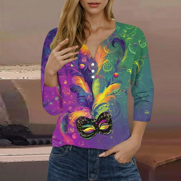 Fartey Tunique à Manches 3/4 pour Femmes Tendance Mardi Gras Bouton Col en V T-Shirt Drôle Imprimé Masque Mode Blouses de Vacances Multicolore P