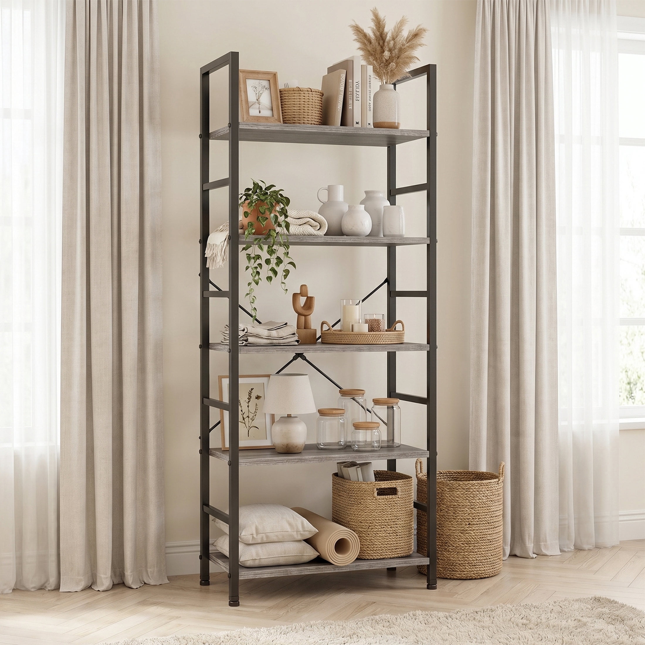 CONCETTA Bookshelf, 5-Tier Small Industrial Storage Shelf & Shelves, Metal Bookcase for Home Office, Living Room, Wood Gray