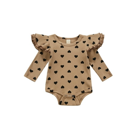

Canrulo Newborn Infant Baby Girl Ruffle Romper Knitted Heart Print Long Sleeve Jumpsuit Autumn Spring Outfits Brown 12-18 Months