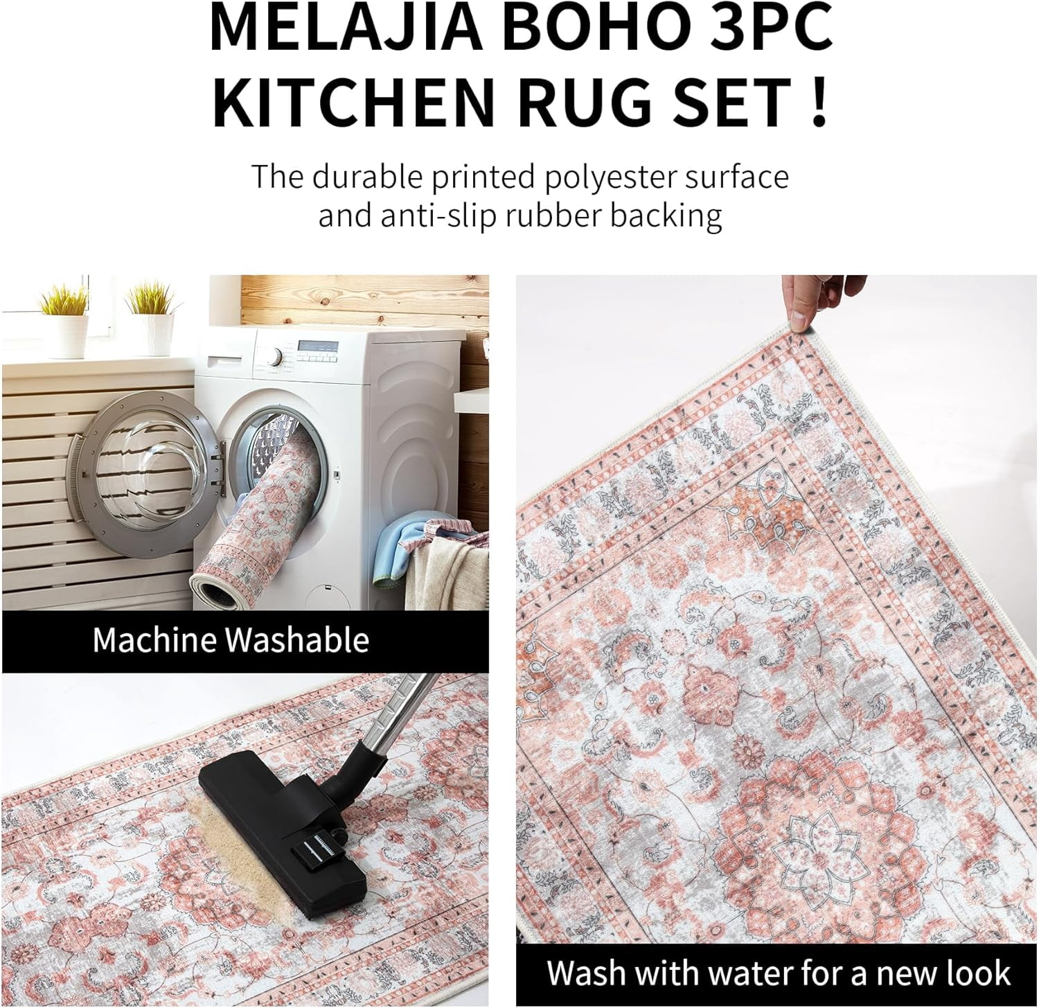Kitchen Rugs Sets of 3 Kitchen Mats for Floor 3 Piece Set Non Slip Washable Pink Kitchen Mat Set Kitchen Runner Rug Carpet for Laundry Room Front Door
