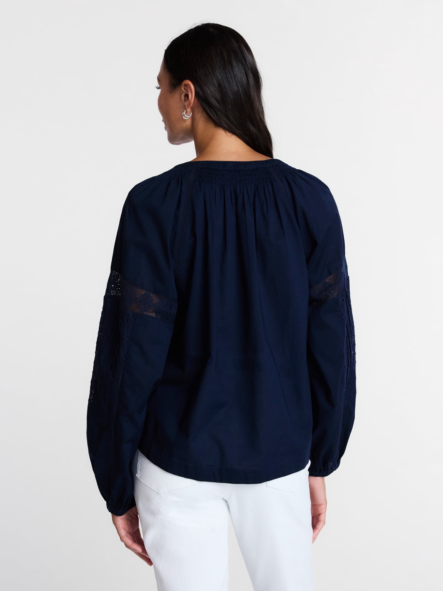 Time and True Women's Lace Trim Cotton Top with Bishop Sleeves, Sizes XS-XXL