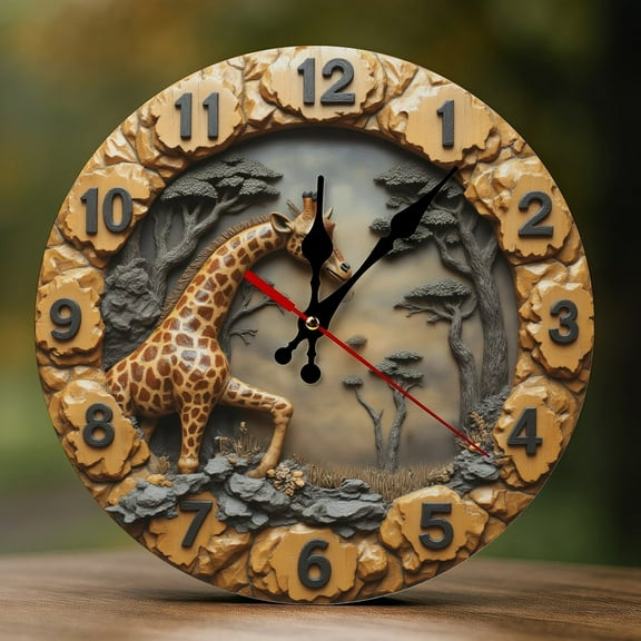 Wall Clock Decorative - Retro Forest Giraffe Print 2D Vintage Wall Clocks Battery Operated Silent Non-Ticking for Bedroom, Living Room, Kitchen, Office, Classroom, 10 Inch