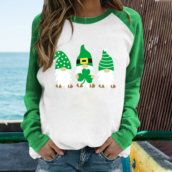 Ohufall Fall Clothes Fashion Women's Spring Patchwork St. Patrick's Day Printed Long Sleeves Round Neck Casual Loose Basics Tee Tops
