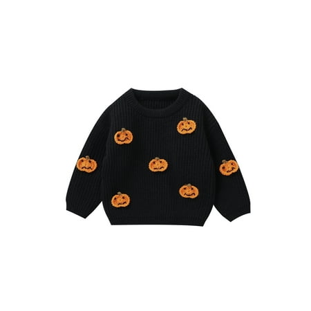 

Bmnmsl Baby Halloween Sweater Long Sleeve Crew Neck Embroidery Pumpkin Warm Winter Pullover Crochet Sweater Halloween Clothes for Girls Boys