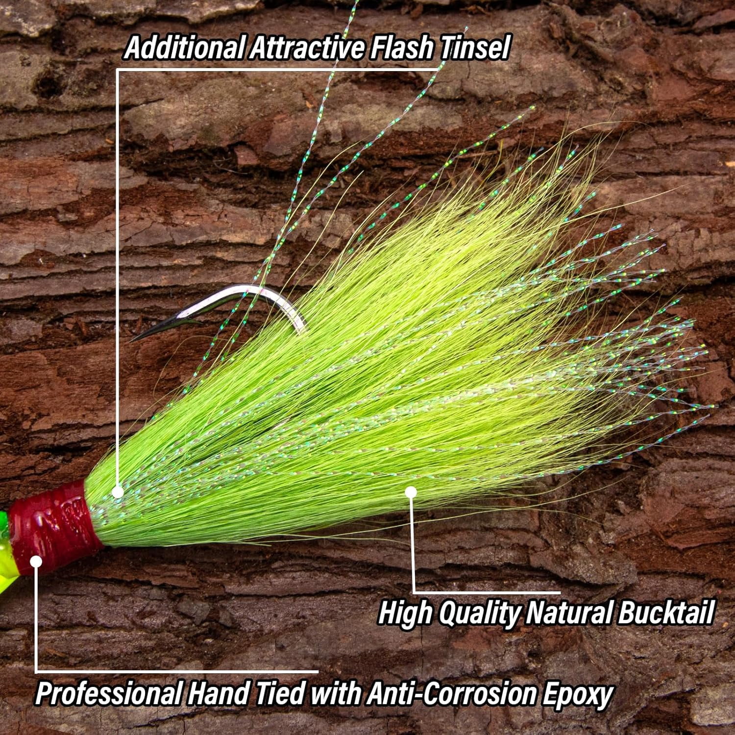 5-Pack Bucktail Jigs Hair Jigs Saltwater Freshwater Fishing Bucktail Lures Surf Fishing Jig Heads White Luminous Chartreuse Swimbait Jig for Bass Flounder Striper Bluefish Halibut Redfish