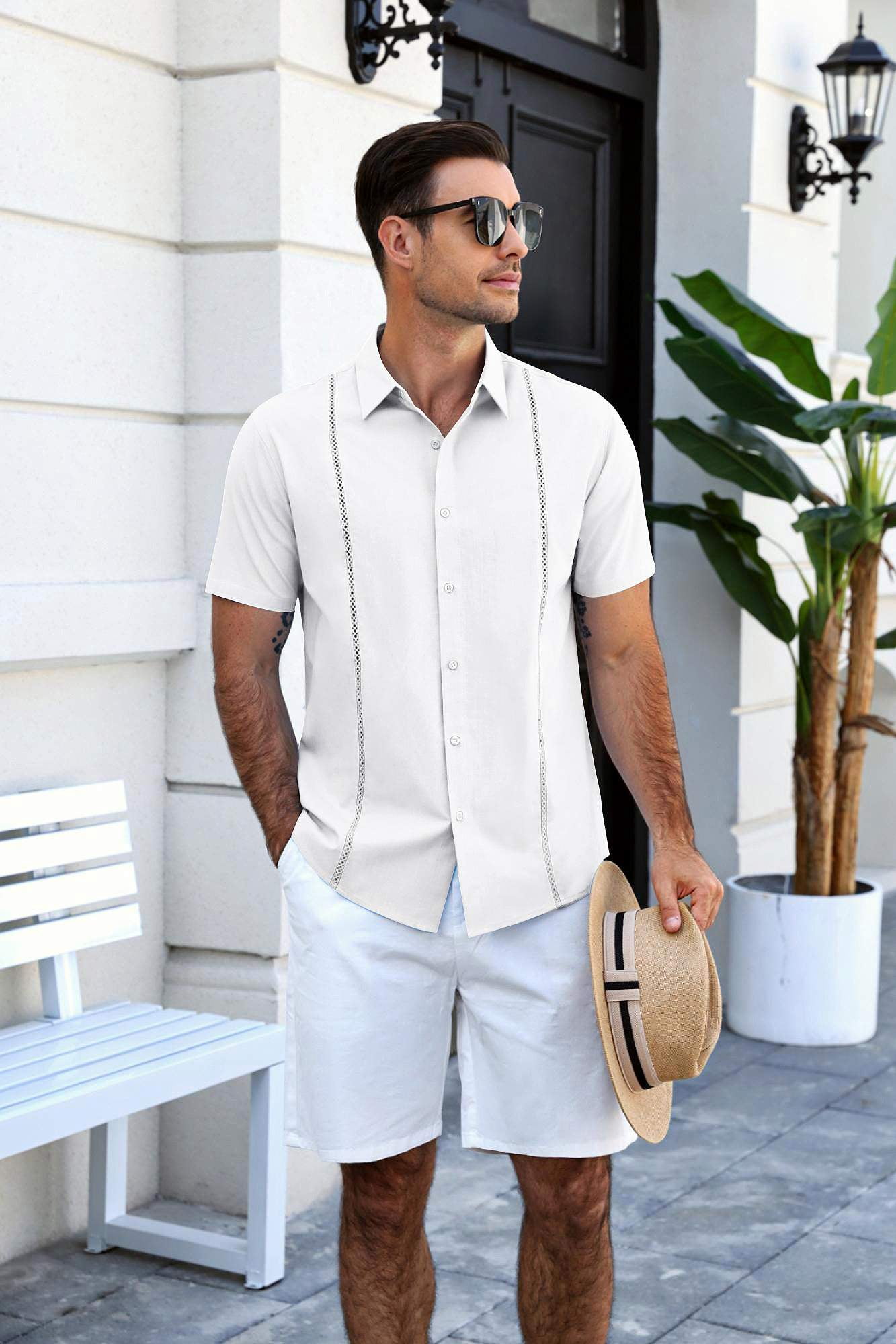 COOFANDY Men's Relaxed Fit Button-Up short Shirt with Decorative Stripes - Casual and Office Wear