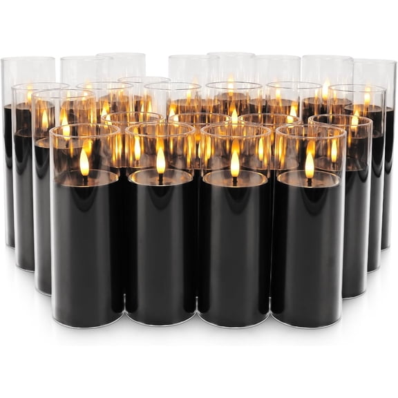 24-Pack Black Flameless LED Candles - Elegant Black Acrylic Pillar, Realistic Flickering Flame, Remote & Timer for Halloween, Gothic Decor, Weddings, Christmas & Home Decoration