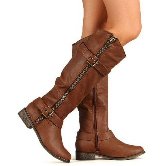 Equestrian Riding Zipper Buckle Knee High Vegan Leather Boot Women's