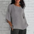 thumbnail image 3 of Round Neck Linen Shirts for Women 3/4 Length Sleeve Tunic Tops Casual Loose Fit Pullover Tees 2025 Summer Fashion Blouse, 3 of 8