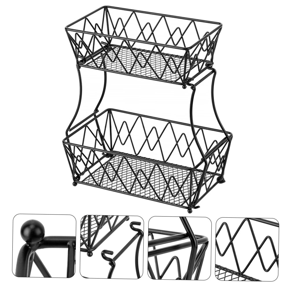 OUNONA Two-Tier Glossy Black Fruit Basket and Vegetable Storage Rack Organizer for Kitchen Countertop and Pantry