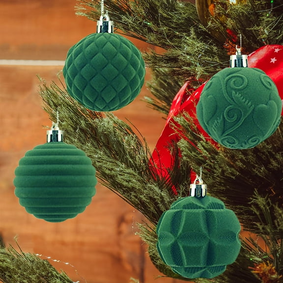 Velvet Christmas Balls Green 12PCS Flocked Christmas Tree Ornaments 4 Style for Xmas Tree Party Holiday Decor