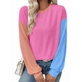 thumbnail image 2 of Womens Long Sleeve Tops Fall Fashion Crewneck Color Block Ribbed Knit Casual Loose Fit Pullover Shirts Rose Red M, 2 of 7