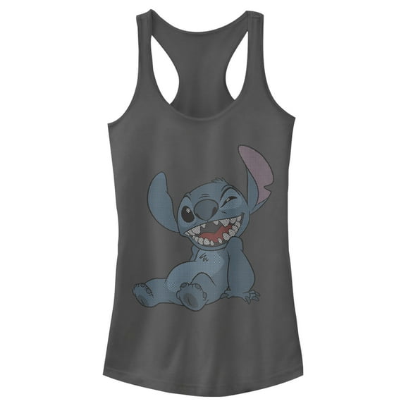Junior's Lilo & Stitch Halftone Smile  Racerback Tank Top Charcoal 2X Large