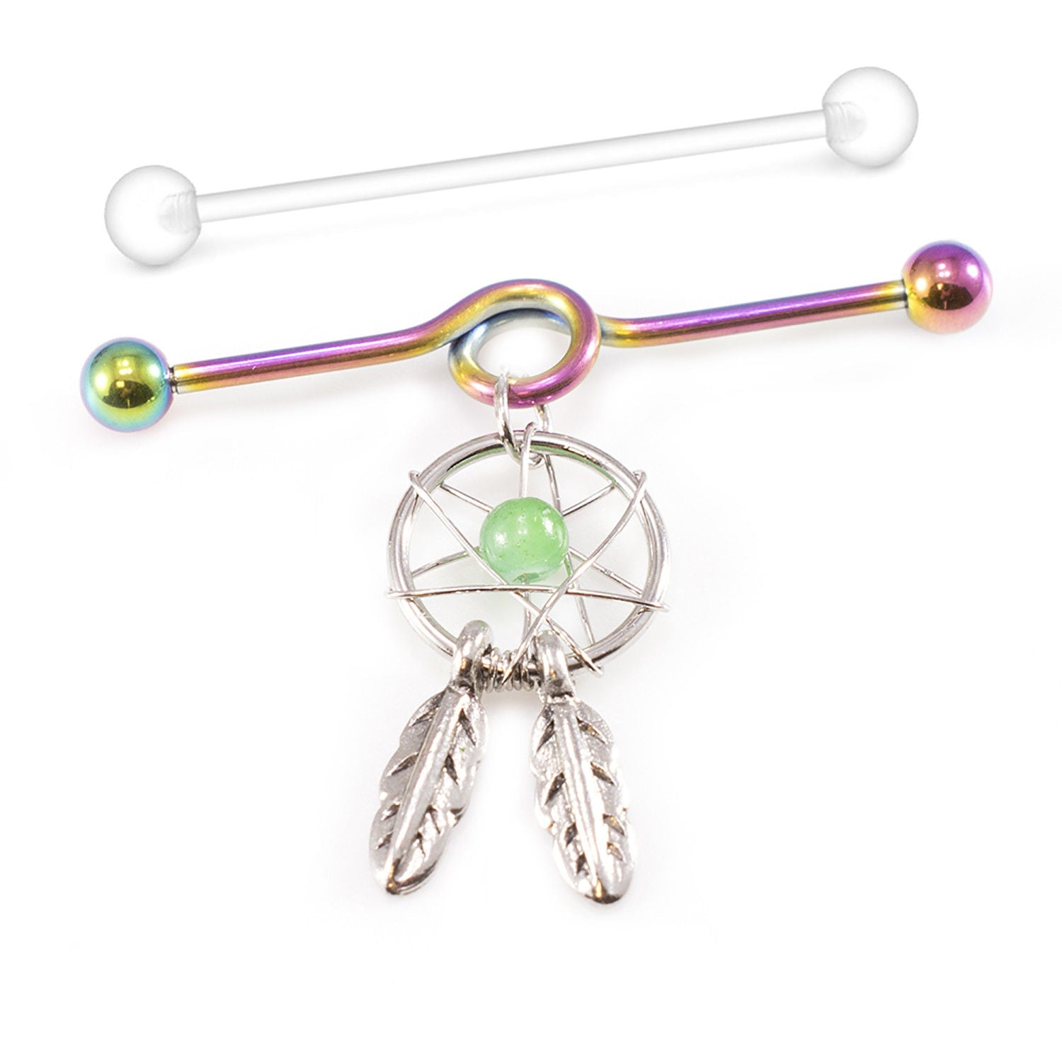 Industrial Barbell with Dream Catcher Dangle and Industrial Retainer 14G 38mm