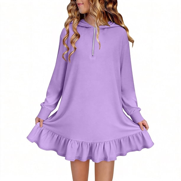 Vestidos de Manga Larga de las Niñas Tamaño 7-8 Lindo Color Sólido Suelto Vestido con Capucha, Vestido de Manga Larga de la Niña para el Uso Diario Informal