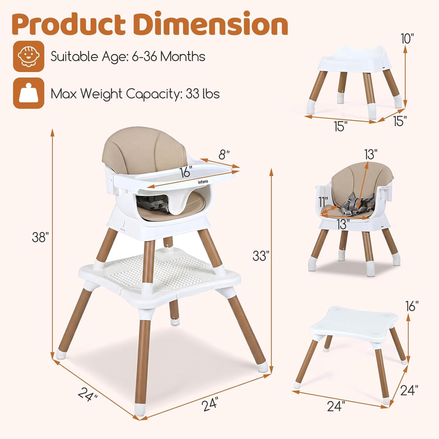 INFANS Baby High Chair, 9 in 1 Convertible Highchair for Babies and Toddlers, Building Block Table Dining Booster Seat Activity Desk Kids Stool with Adjustable Removable Tray