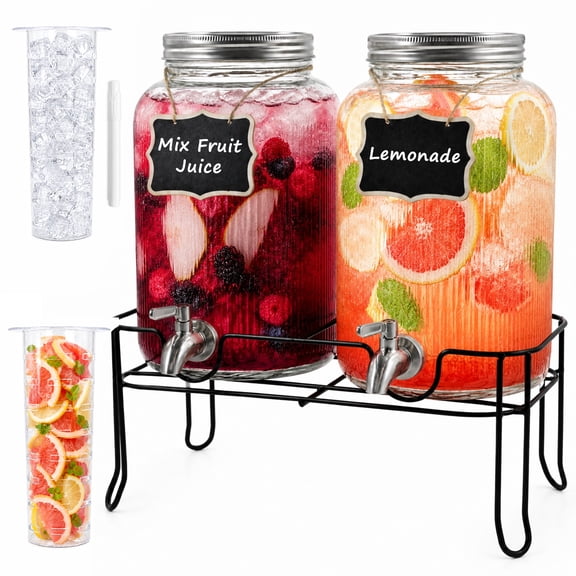 Vaparinckl 1 Gallon Drink Dispenser, 2 Pcs Glass Beverage Dispensers with Fruit Infuser & Stand, Juice or Drink Dispenser with Stainless Steel Spigot for Tea & Lemonade, Ideal for Bar & Outdoor Party