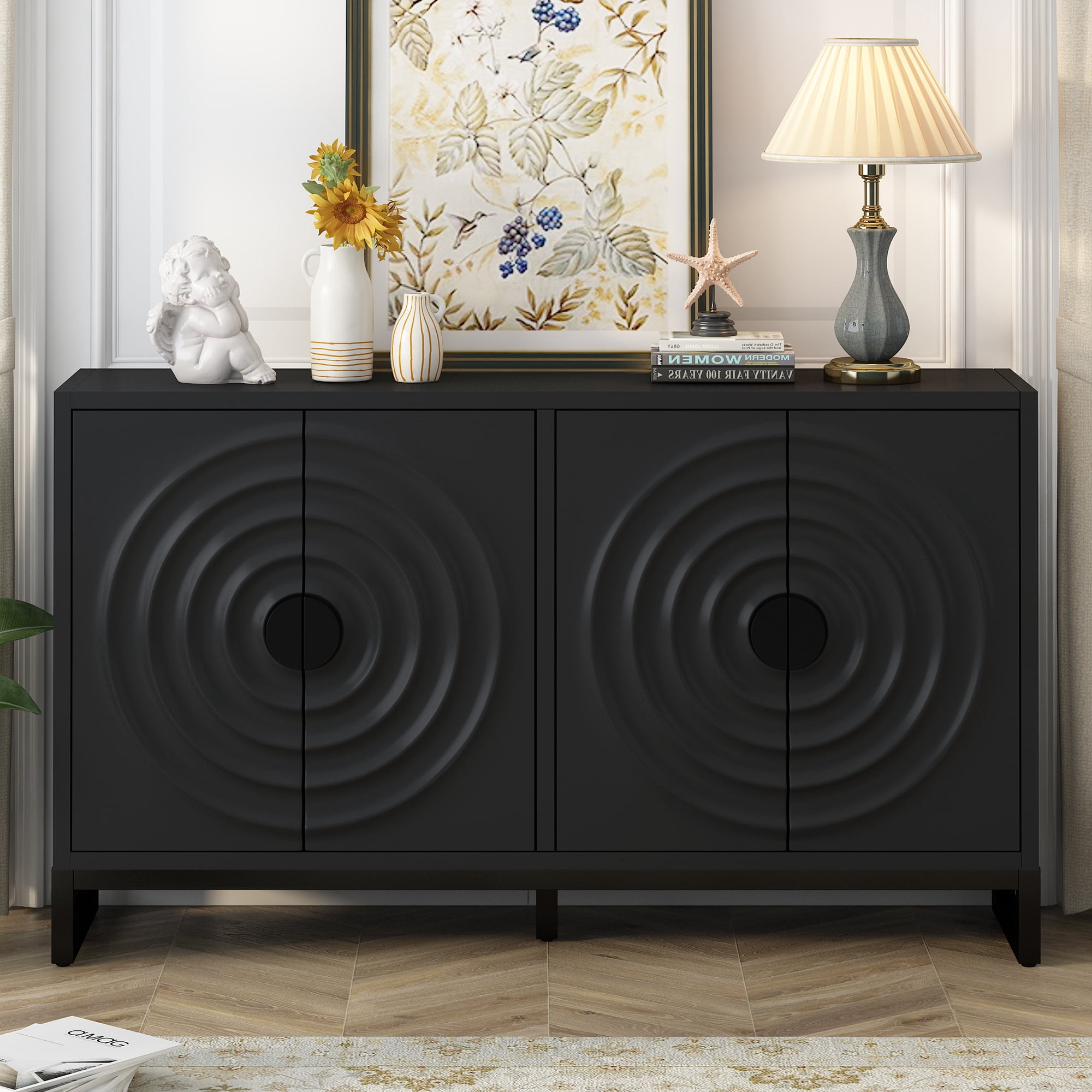 EUROCO 58.2" Sideboard Buffet Cabinet,Large Storage Cabinet with 4 Doors and Adjustable Shelves,Wood Coffee Bar Cabinet for Entryway,Living Room and Study Room,Black