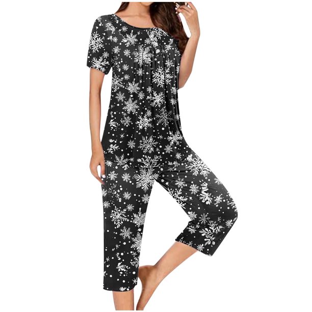 Puntoco Ropa de dormir para mujer Conjunto de pijama con estampado navideño, cuello redondo, botones, manga corta y pantalón con bolsillos y cintura elástica