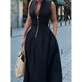 thumbnail image 3 of Womens Dress Deep V Neck Zip Up Cap Sleeve Smocked Elastic Waist Split Summer Casual Midi Dress with Pockets, 3 of 5