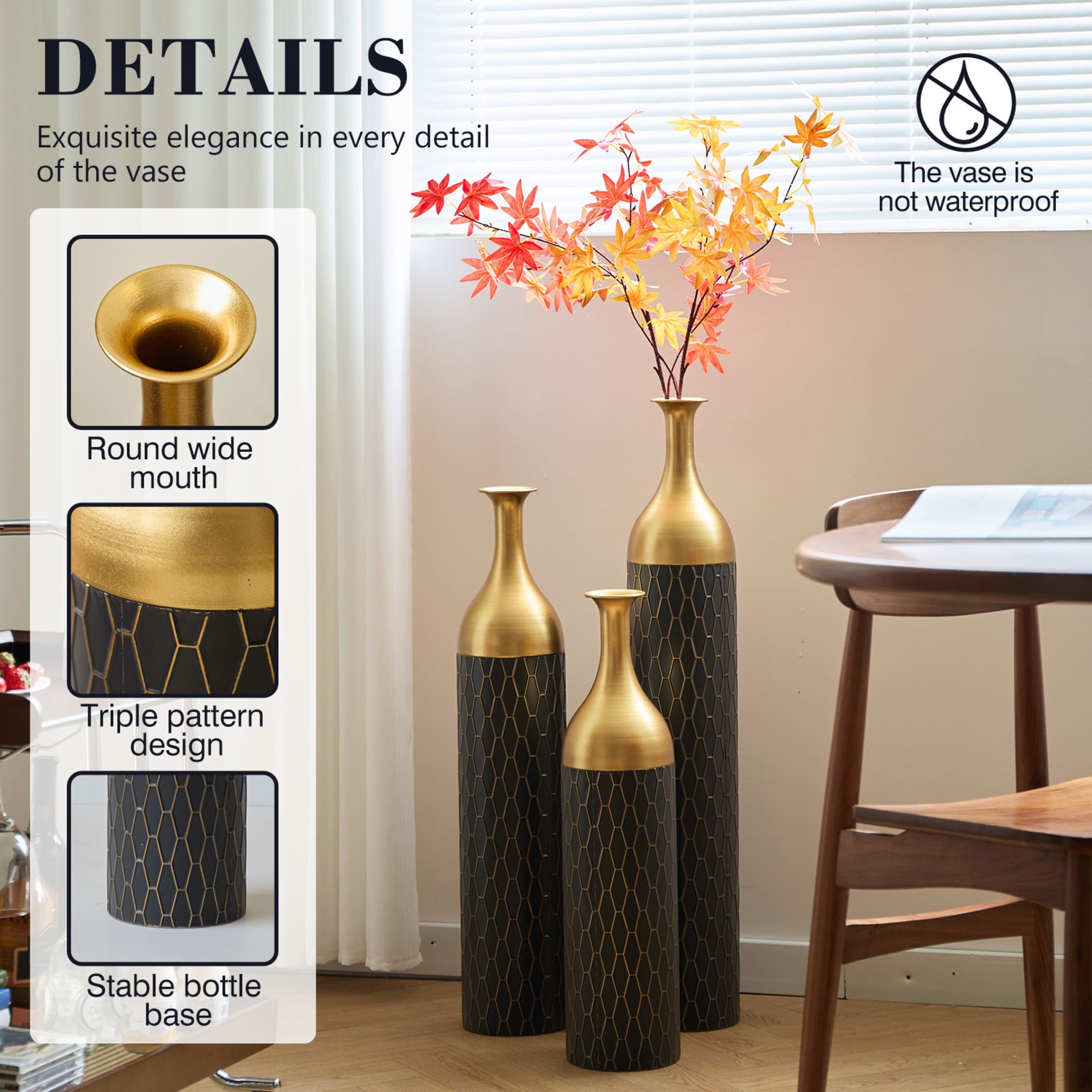 Noble House 34.25", 30.31", 24.8" Honeycomb Pattern Vase Set, 3-Piece Decorative Floor Vases, Black+Gold