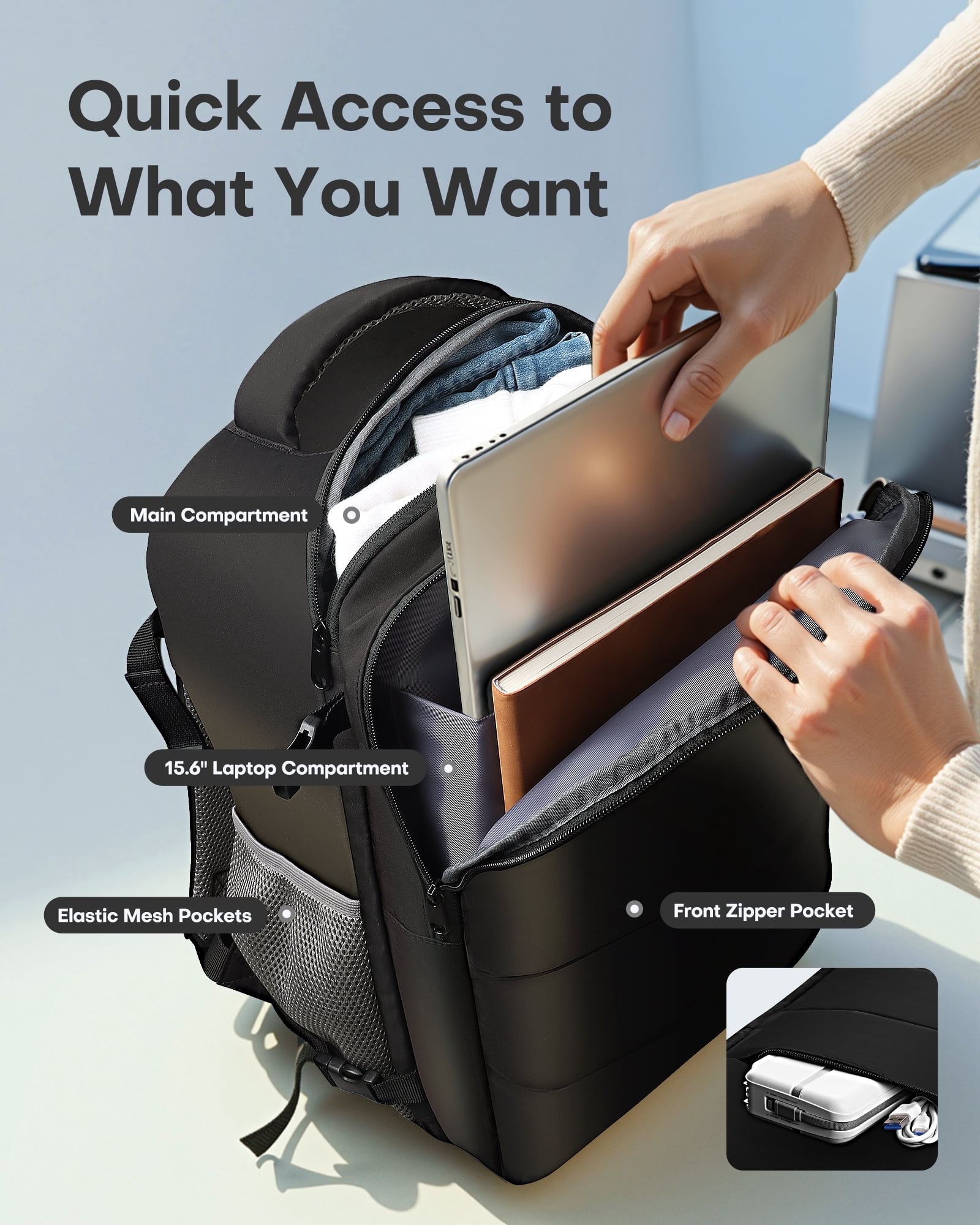 HOTOR Travel Backpack, Travel Bag for Men and Women, Carry On Luggage for 15.6" Laptop, Black