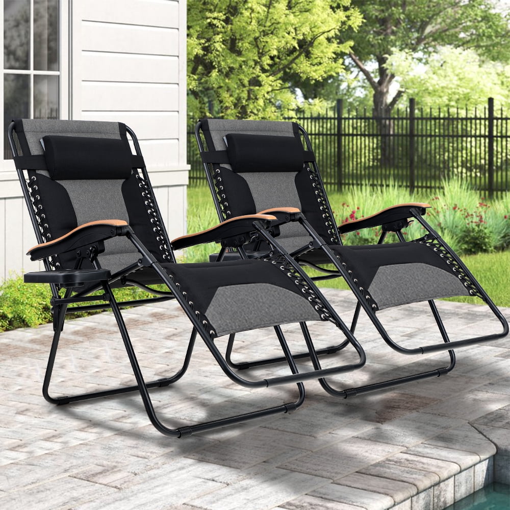 Oversize Zero Gravity Outdoor Reclining Lounge Patio Chairs w/ Cup Holder Gray 