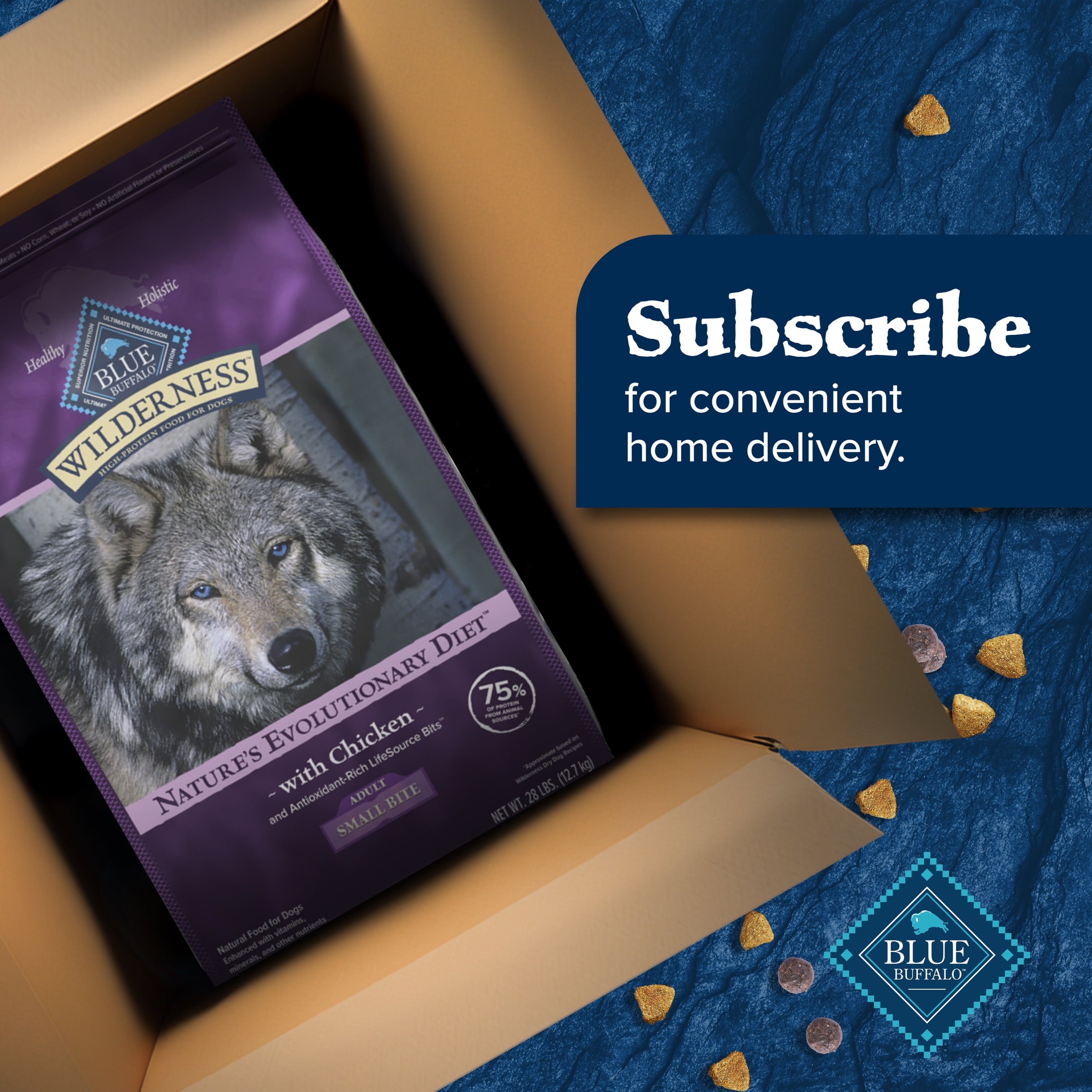 Blue Buffalo Wilderness Natural High-Protein, Small-Bite Dry Food for Adult Dogs, Chicken, 28-lb bag.