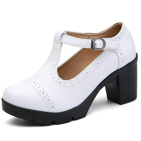 

DADAWEN Women s Mary Jane Pumps Block Heel Platform Oxfords Leather Shoes - Comfortable Fashion T-Strap White Size 4.5 US