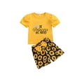 thumbnail image 1 of Qmyliery Kid Girl Outfits Letter Print T-shirt + Sunflower Print Bowknot Shorts Gift, 1 of 8