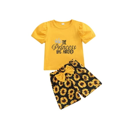 

TheFound Kids Girls 2Pcs Outfits Summer The Princess Letter Printed T Shirt + Sunflower Printed Bowknot Shorts Set