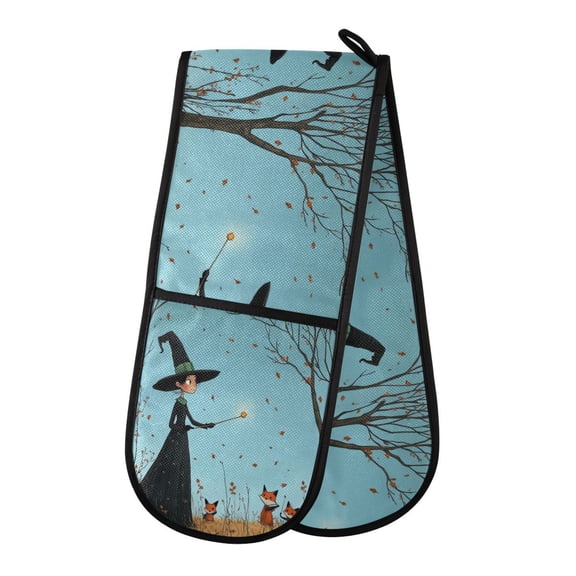 35" x7" Double Oven Mitt Heat Resistant Oven Gloves Withstands Up to 200°C for Kitchen Baking & BBQ Cartoon Witch
