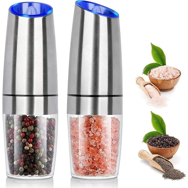 Gravity Electric And Pepper Grinder Set Of 2, Adjustable Coarseness, Automatic Mill Grinder, Battery Powered With Blue LED Light, One Hand Operated
