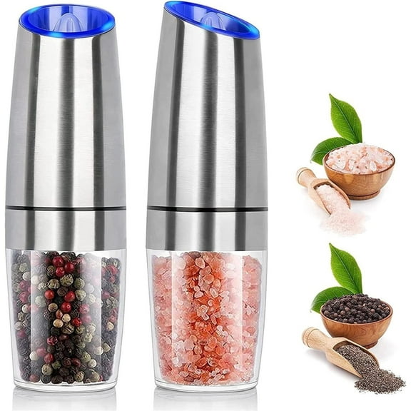 Salt and Pepper Grinder Set of 2 | Automatic Battery Powered Mill | Adjustable Coarseness | Stainless Steel Ceramic Core | Blue LED Light | 2-Pack | 2.48 x 7.87 in