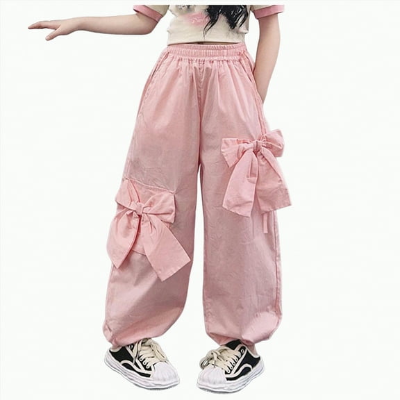 CAICJ98 Girls Bow Wide Leg Cargo Pants with Pocket Elastic Waist Hip Hop Cargo Pants Teen Girls (Pink,7-8 Years)