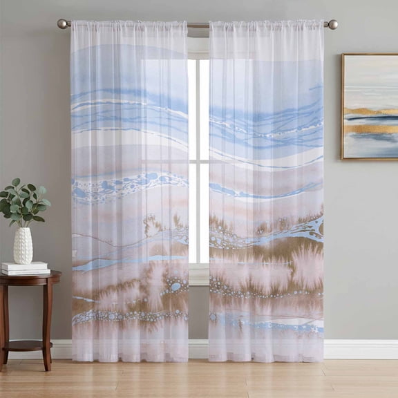 Sheer Curtains 96 Inches Long 2 Panels Set for Living Room, Blue Brown Ombre Semi Sheer Curtains for Windows, Abstract Modern Art Fluid Striped Voile Window Treatments Rod Pocket Curtain