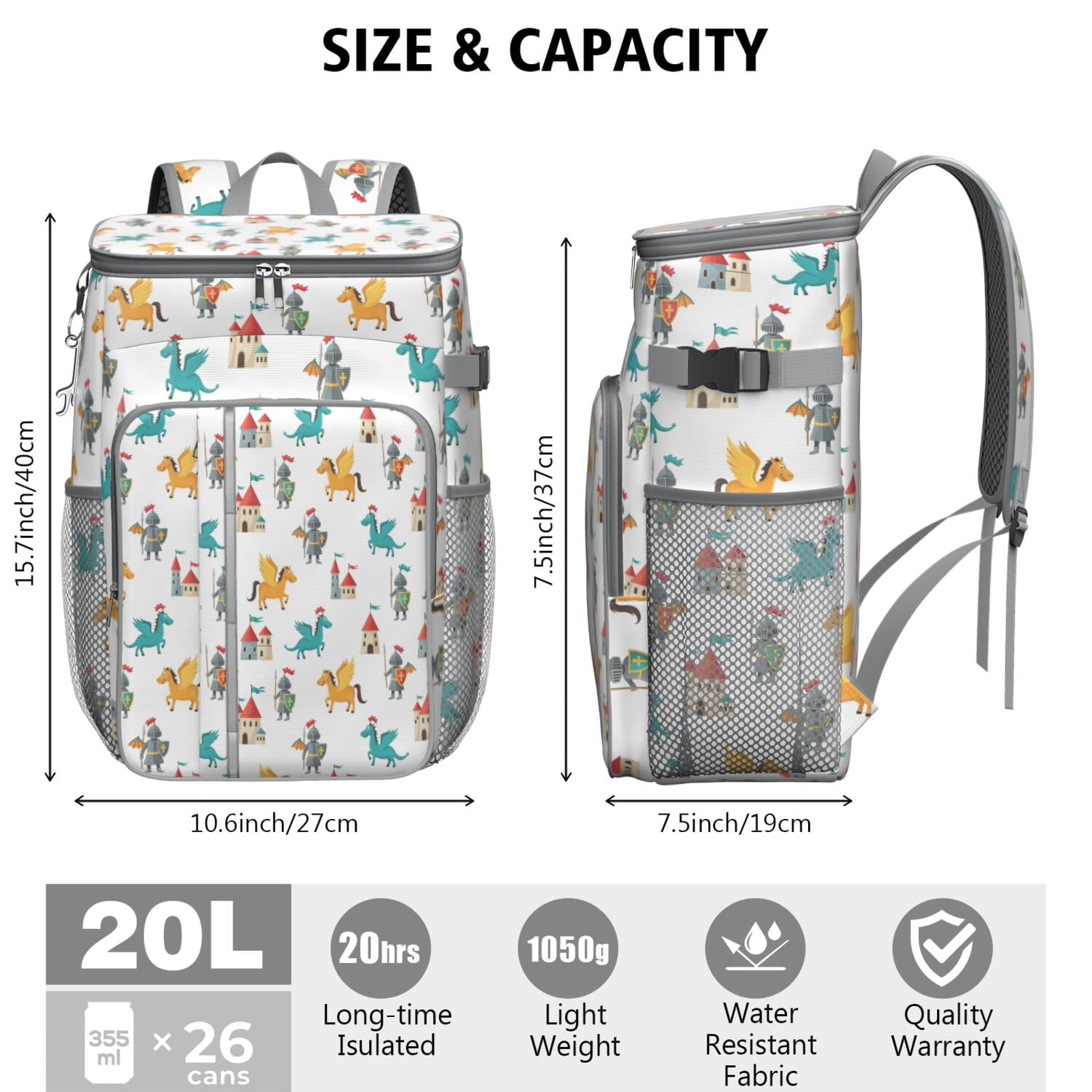 Travel Cooler Bag - White Cartoon KnightsCastles Pattern Camping Beer Cooler Backpack with Bottle Opener- Waterproof Insulated Picnic Backpacks - Cooler Bag for Beach